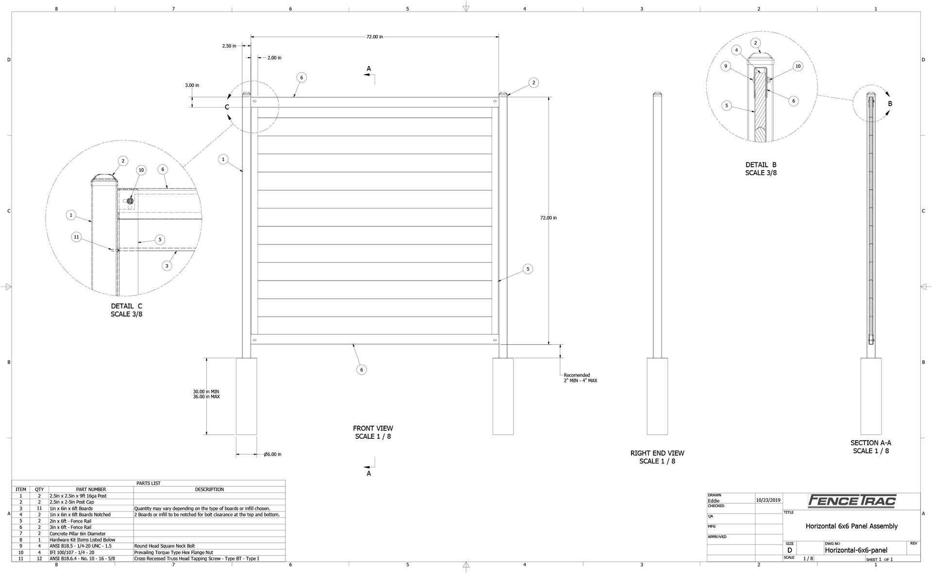 FenceTrac Drawing Horizontal 6x6 Panel