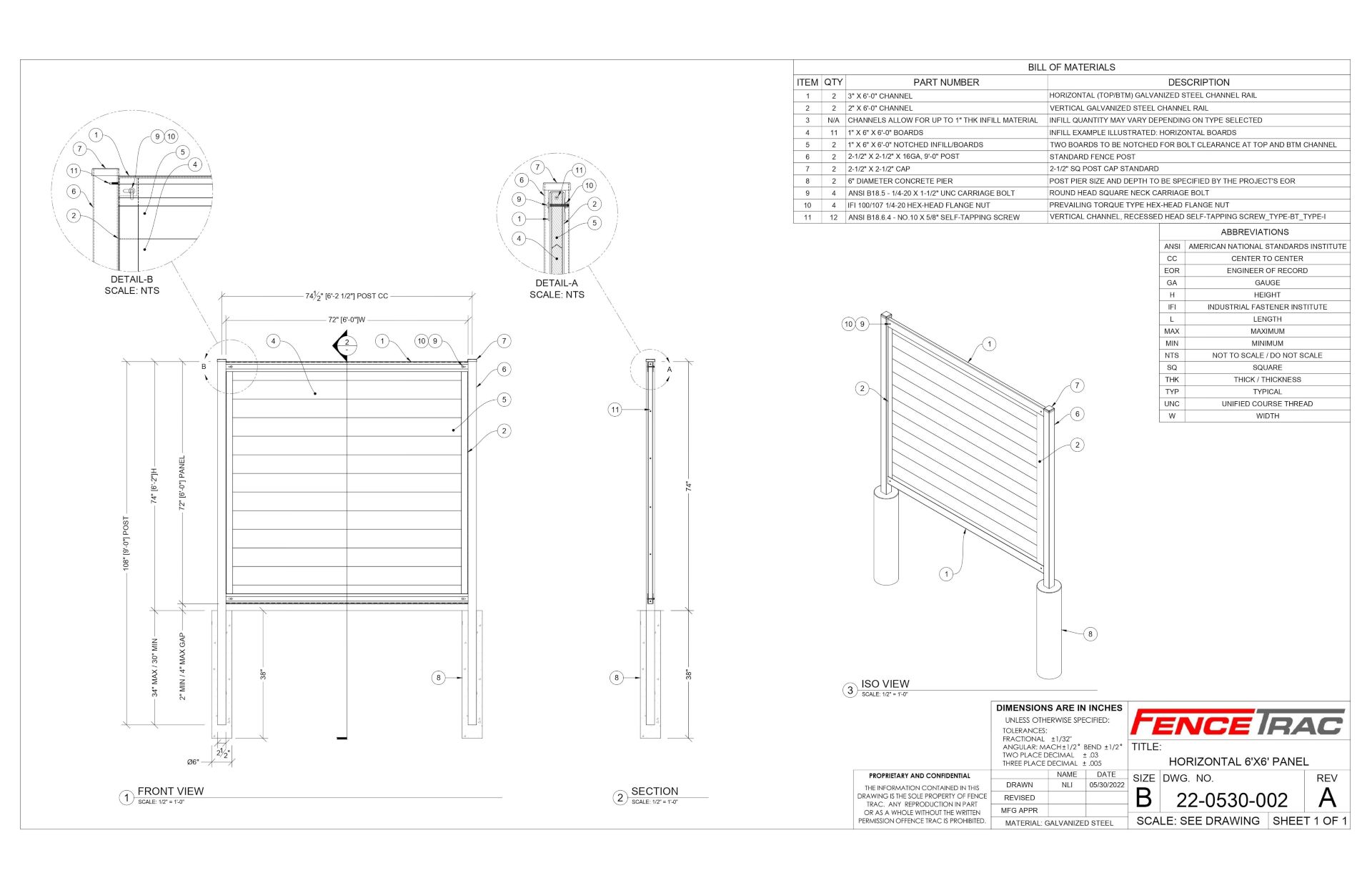 FenceTrac Drawing Horizontal 6x6 Fence Kit Panel