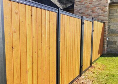 Stained Cedar Vertical Wood Black Metal Fence