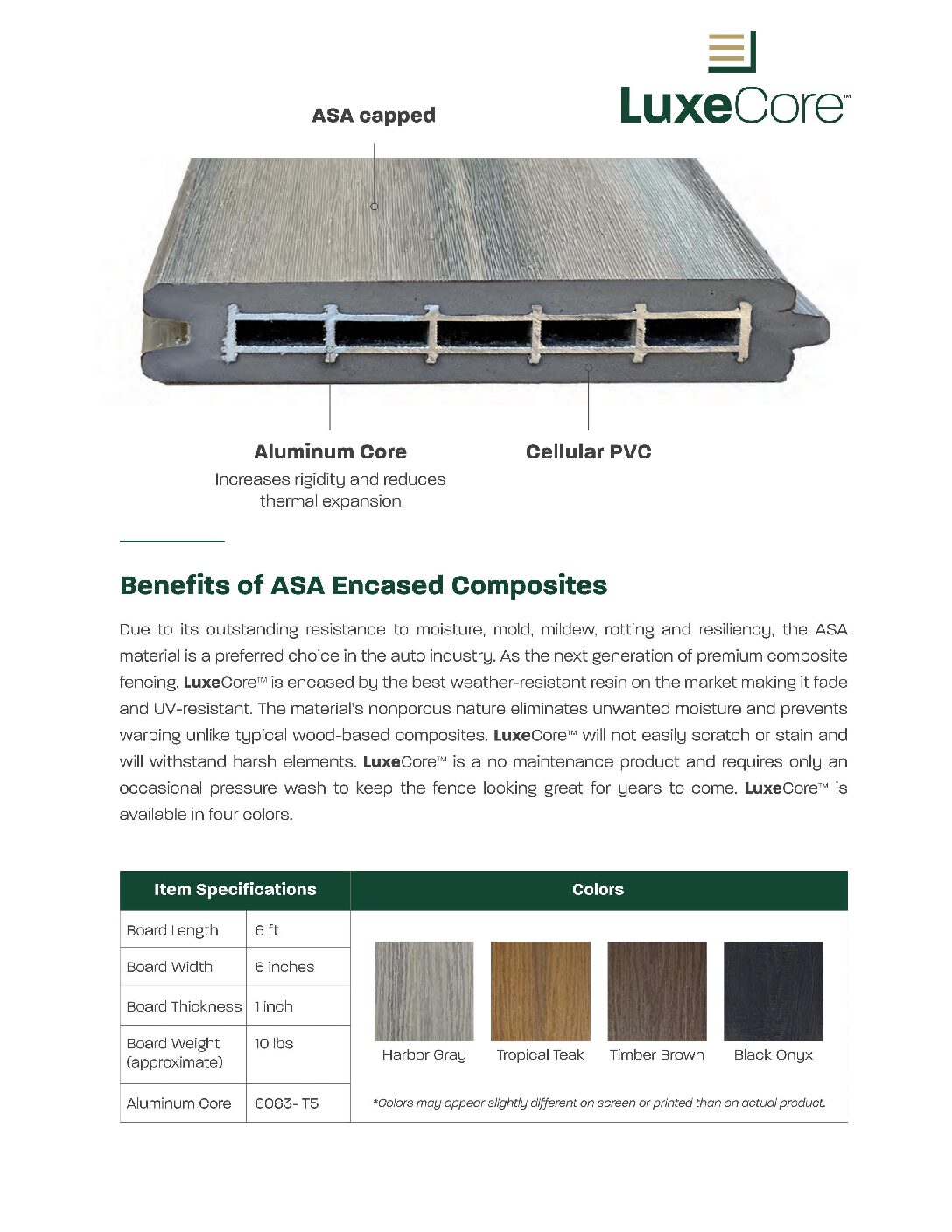 LuxeCore Materials Data Sheet