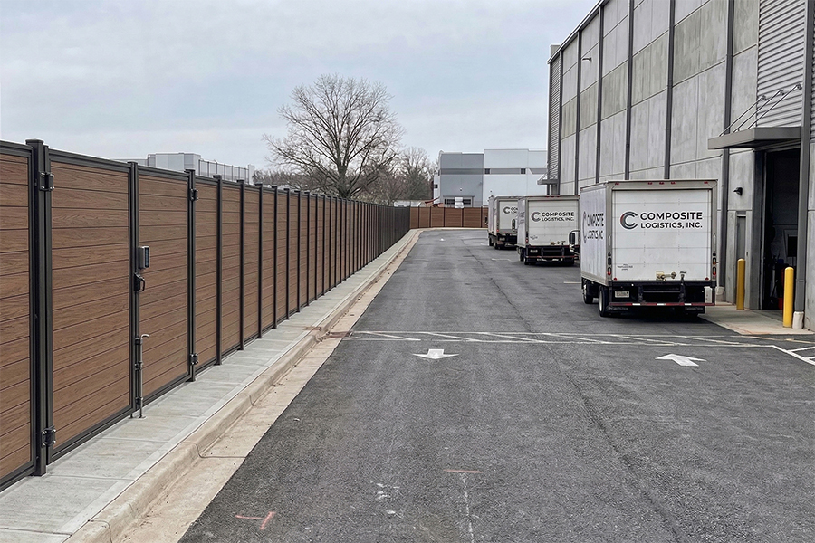 Office Building Horizontal 6ft x 6ft Fence Timber Brown Luxecore Composite Fence Side View Manufacturing