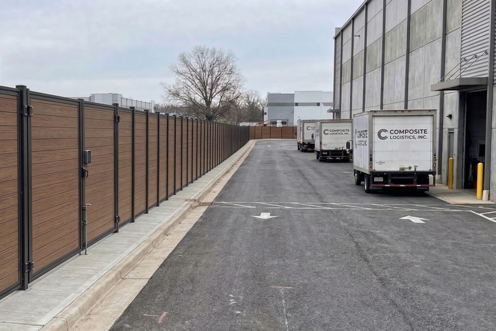 Office Building Horizontal 6ft x 6ft Fence Timber Brown Luxecore Composite Fence Side View Manufacturing