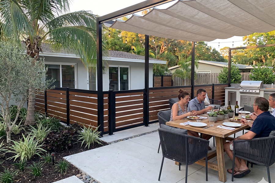 Outdoor Patio Horizontal Stained Wood Slat Semi-Privacy Fence