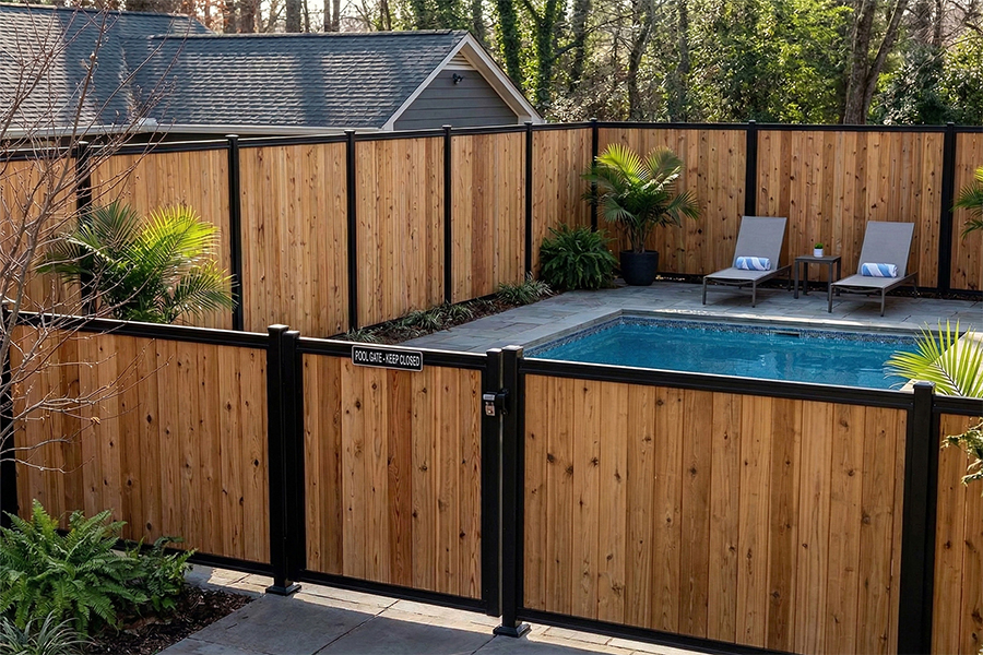Pool Fence Horizontal Mixed Height Fence Cedar Wood Fence Side View