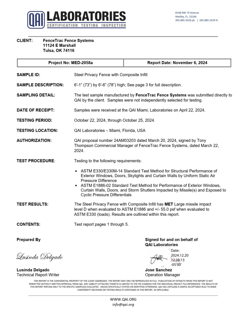 Wind Test Result QAI Certification Testing Inspection